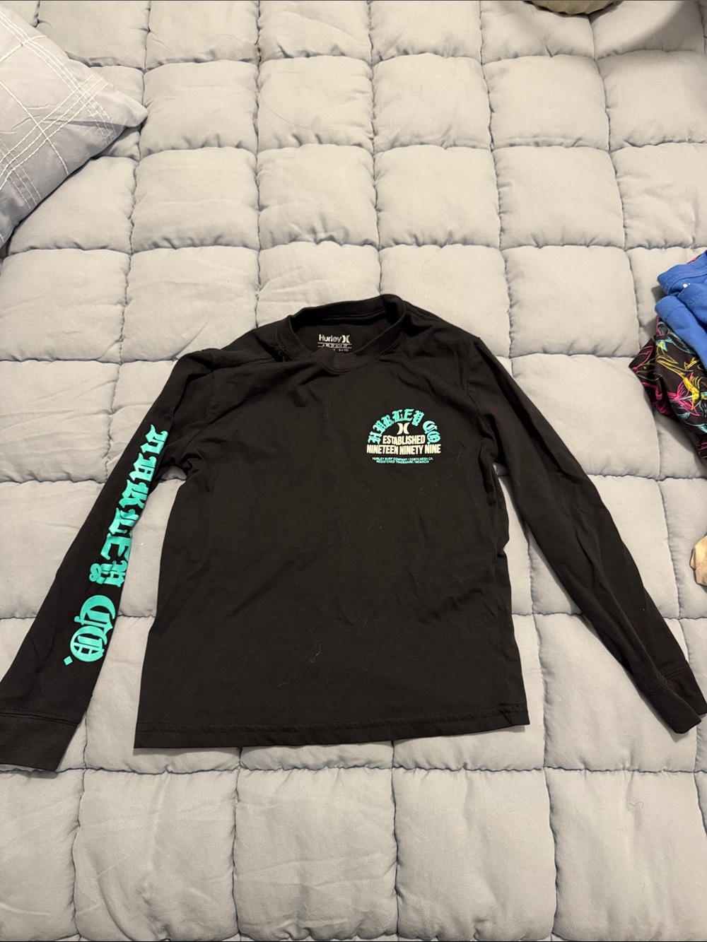 Hurley Black Long Sleeve Tee with Teal Chest and Sleeve Print